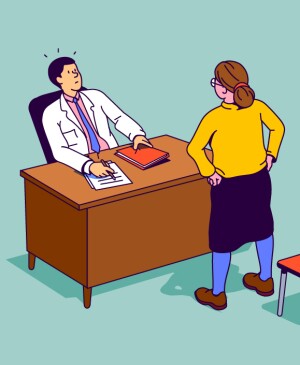 illustration of woman standing up to doctor sitting at desk