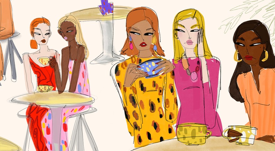 illustration of ladies gossiping at a cafe