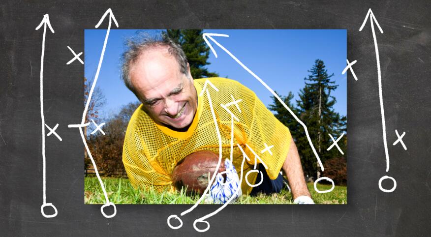 Man playing football with play illustration above image