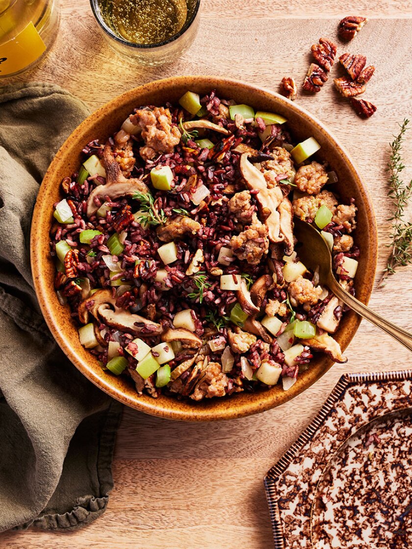 Thanksgiving side dish styled on rustic table setting