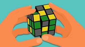 illustration of hands playing with Rubik's Cube