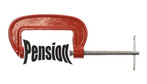 The word "Pension" is compressed with a vice. Business metaphor.
