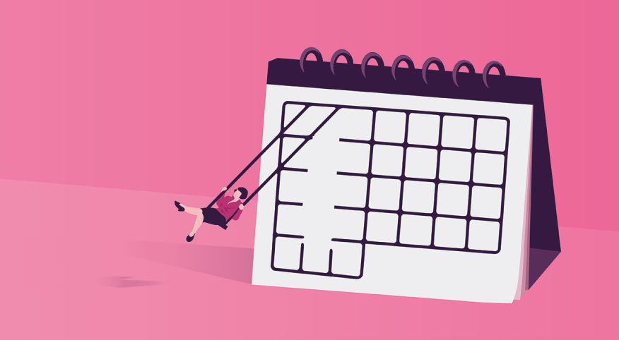 illustration of woman swinging off a blank calendar