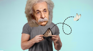 Photo composite of Albert Einstein with an empty wallet