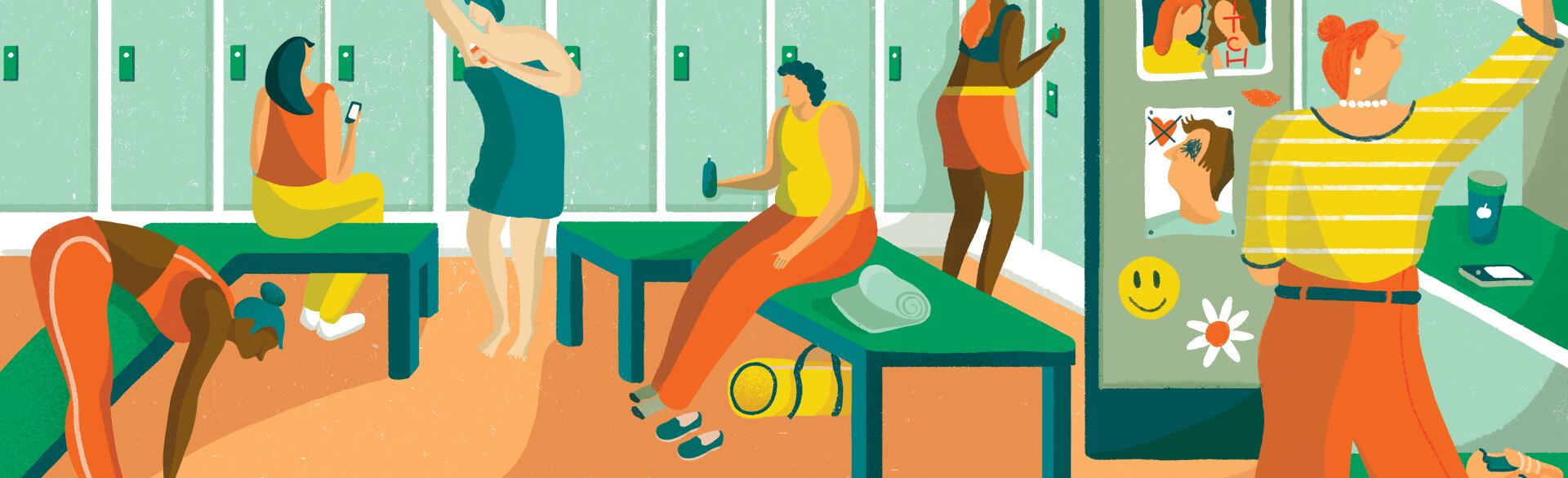 Illustration of women in a high school locker room