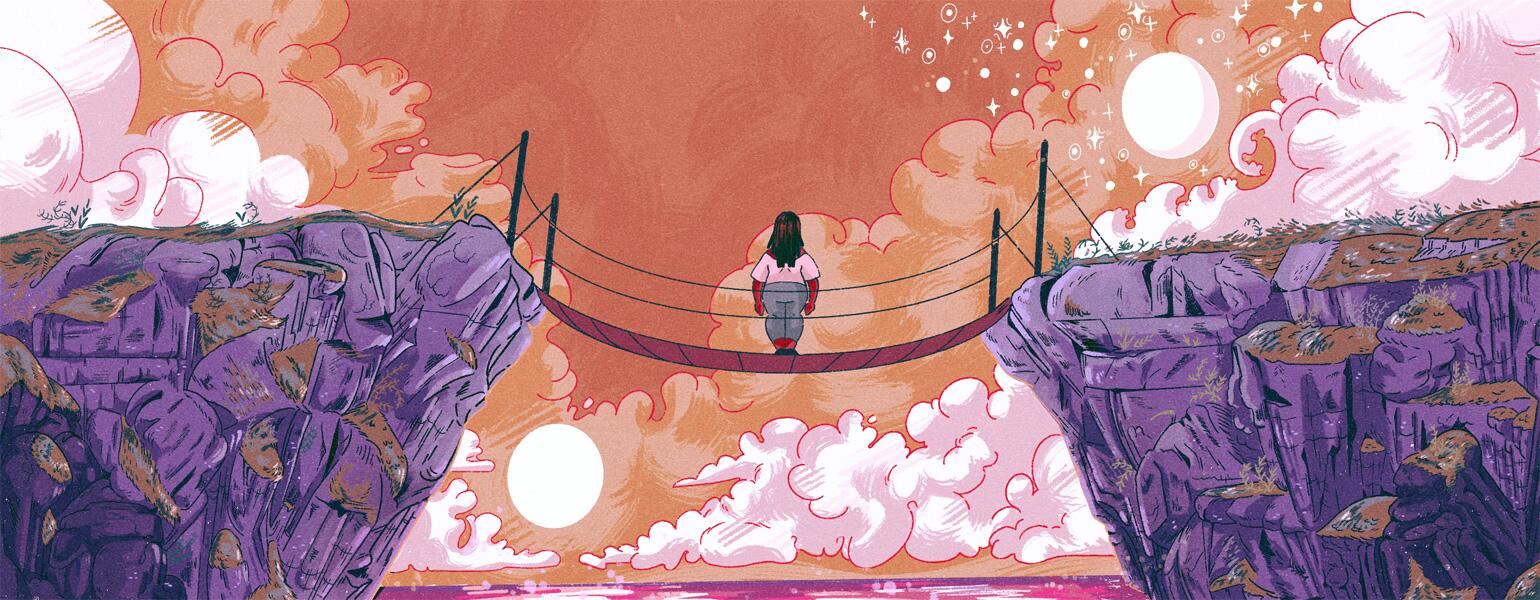 A graphic of a woman standing on a rope bridge alone.