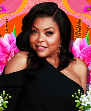 photo collage of taraji p henson surrounded by flowers