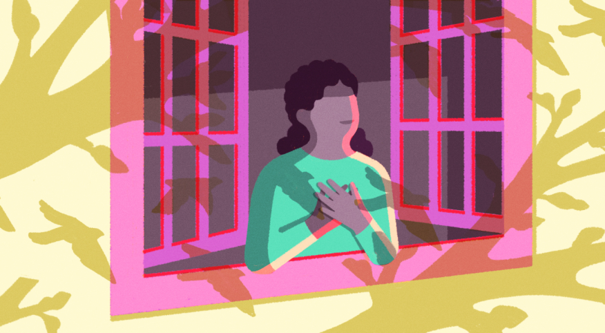 illustration of woman looking hopeful as she looks outside open window