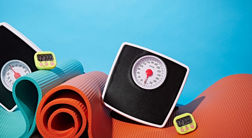 A chaotic wave of yoga mats, kitchen timers and bathroom scales 
