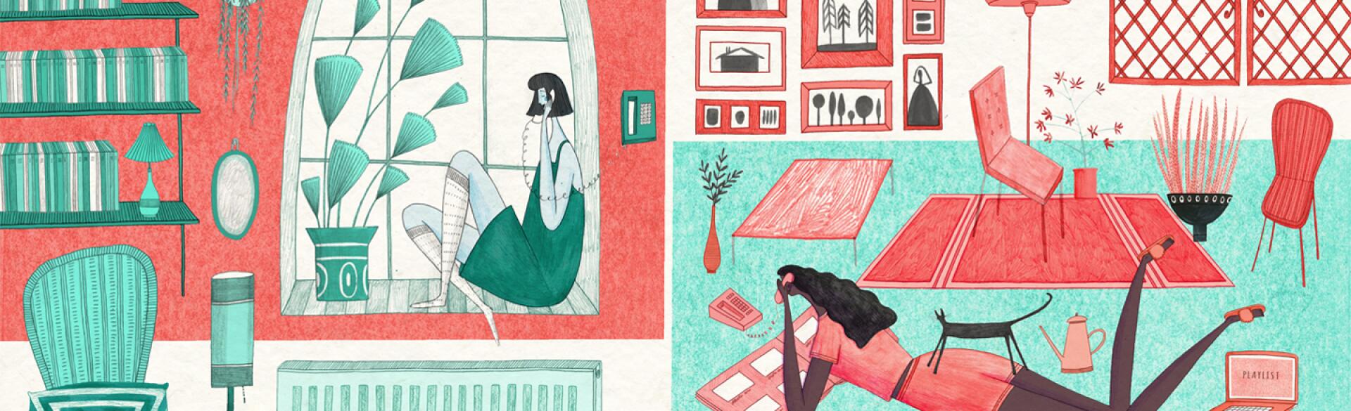 illustration of friends on the phone in two separate living rooms
