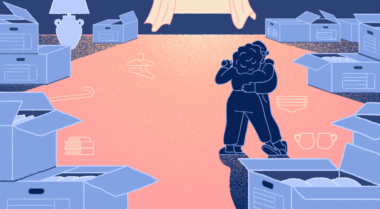 gif illustration of couple dancing surrounded by moving boxes