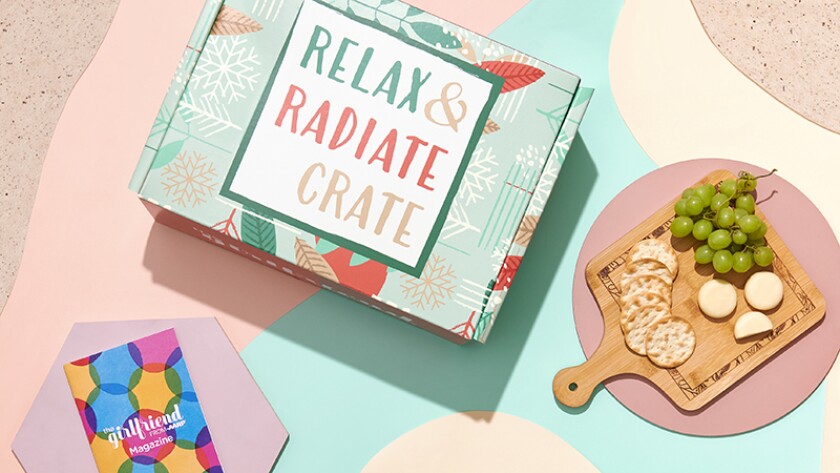 Winter 2020 Relax and Radiate Crate and magazine with cutting board