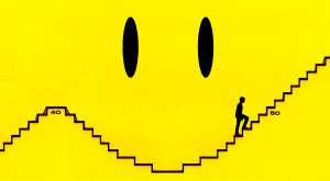 Smiley face illustration with man walking up stairs