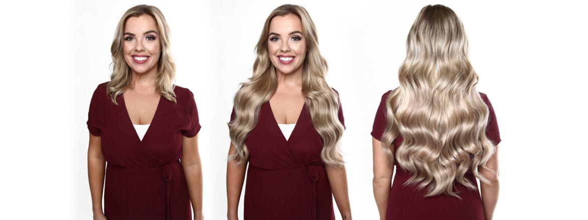A set of before and after photos of a woman modeling halo hair extensions.