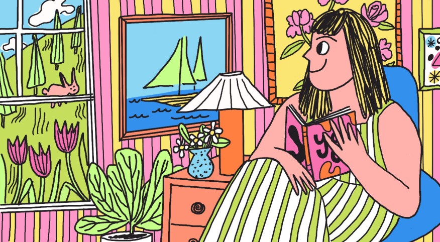 illustration of woman sitting in living room with a book and watching outdoors through window