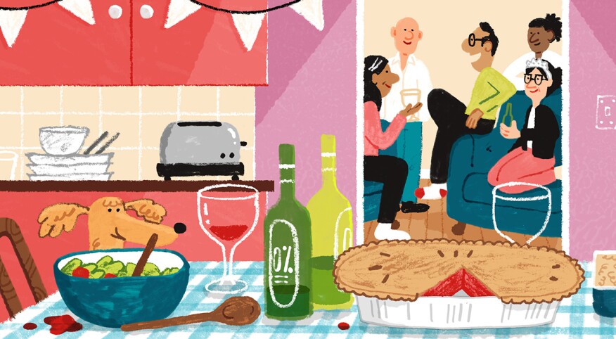 friends, gathering, drinking, eating, fellowship, dog waiting, illustration