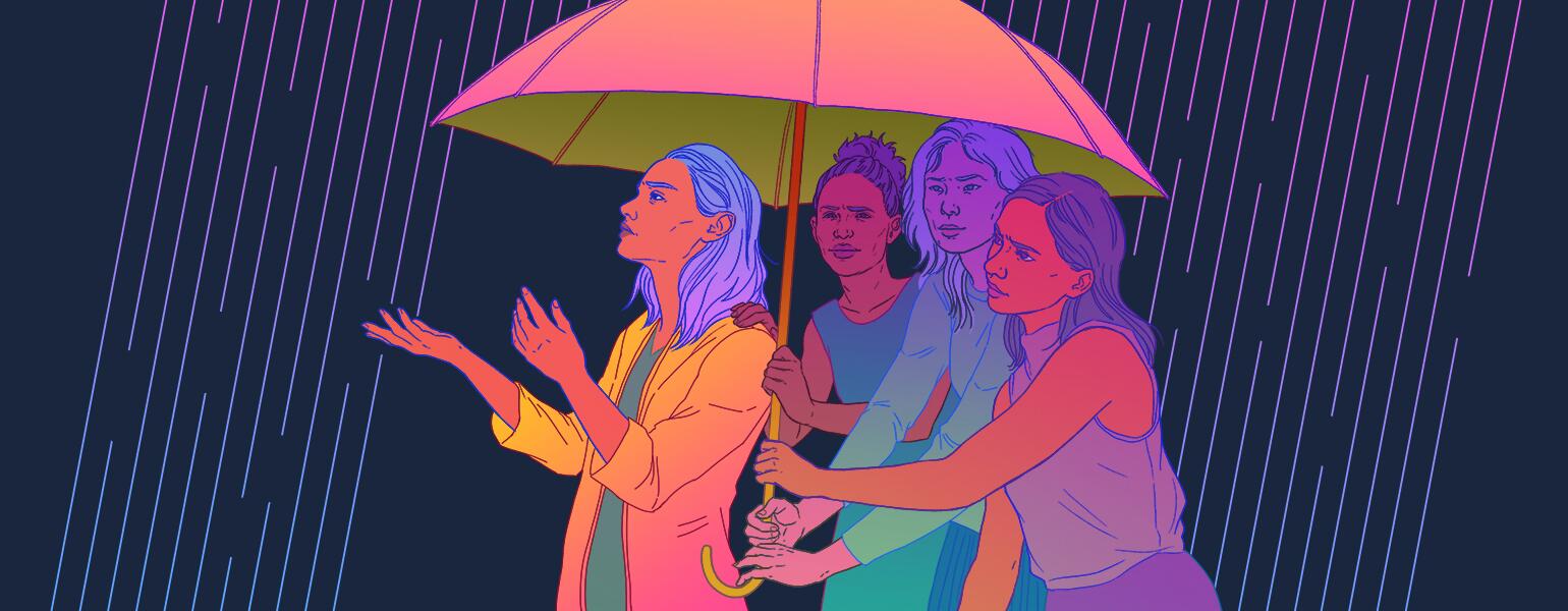 illustration of friends sheltering friend with umbrella from the storm