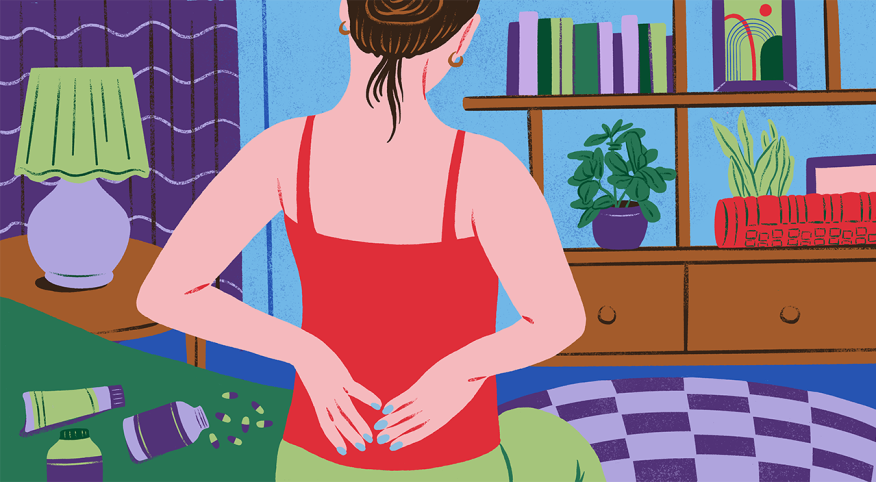 illustration of woman sitting on bed with back pain