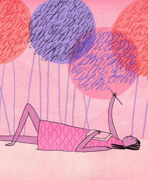 illustration of woman laying on ground writing on circles, journaling, self care