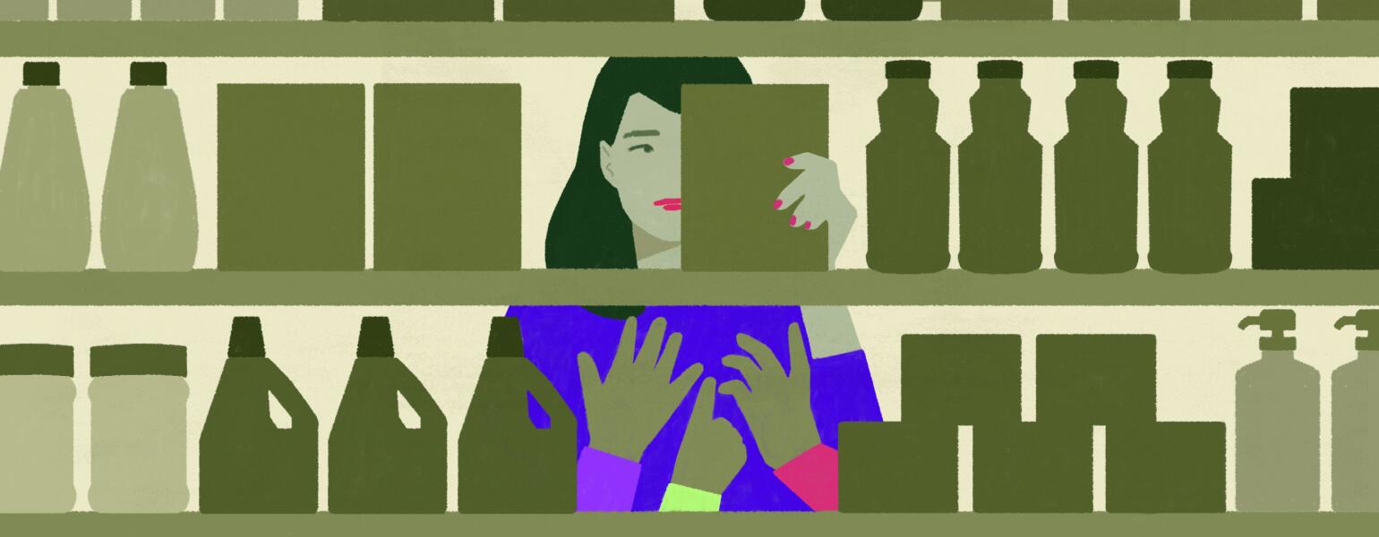 illustration of mom in grocery store with kids pulling at her