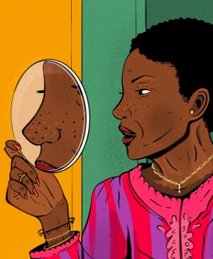 illustration of woman holding a mirror seeing her pores, shrink pores, skin care