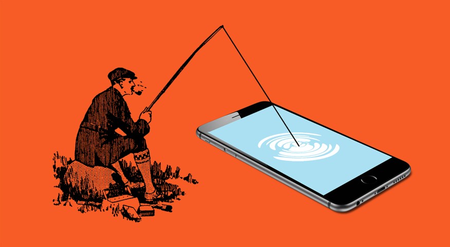 Drawing of man fishing into a smartphone