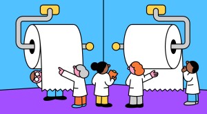 illustration of people examining different directions of toilet paper on holder