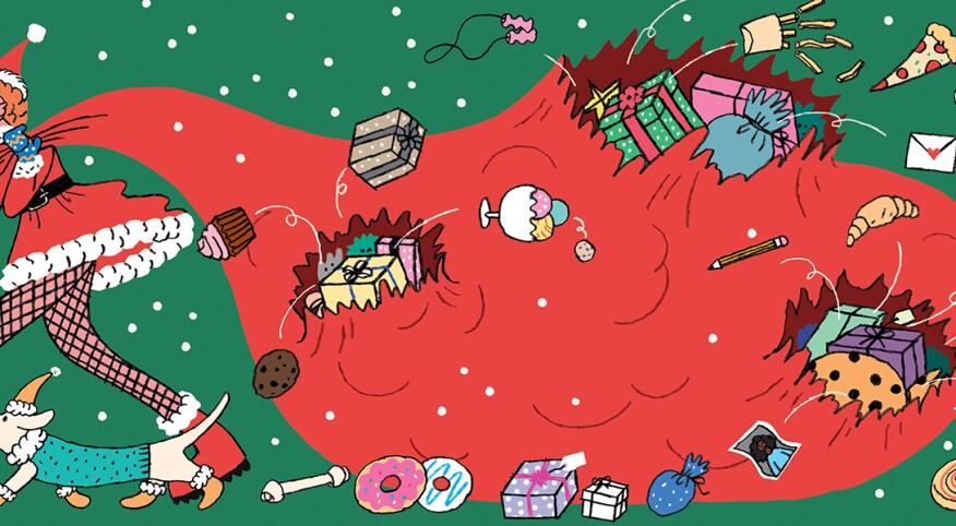 illustration of lady pulling a bag full of different holiday gifts 