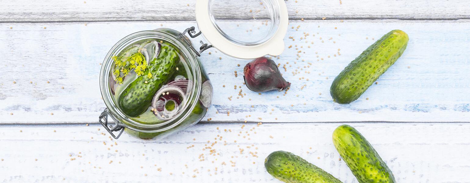 Photograph of pickles in a jar with pickle juice.