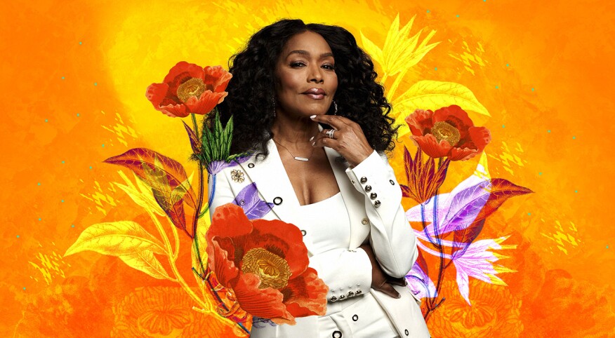 photo collage of angela bassett surrounded by flowers