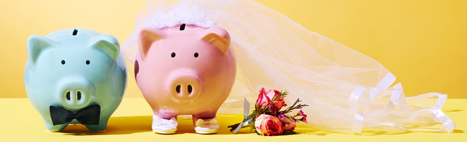 a blue groom piggy bank and pink bride piggy bank illustrating seperate bank accounts when married