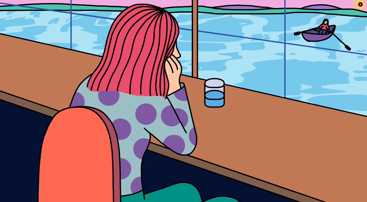 gif of woman looking at person in boat, paddling away