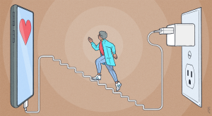 illustration of elderly woman walking towards cellphone on steps formed from a phone charger plugged into the wall