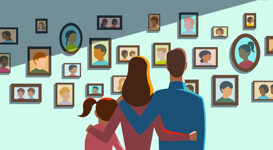 illustration of family looking at wall filled with picture frames