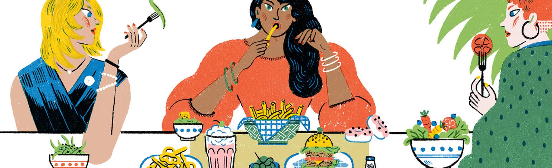 illustration of 2 women eating healthy and a woman in the middle eating french fries