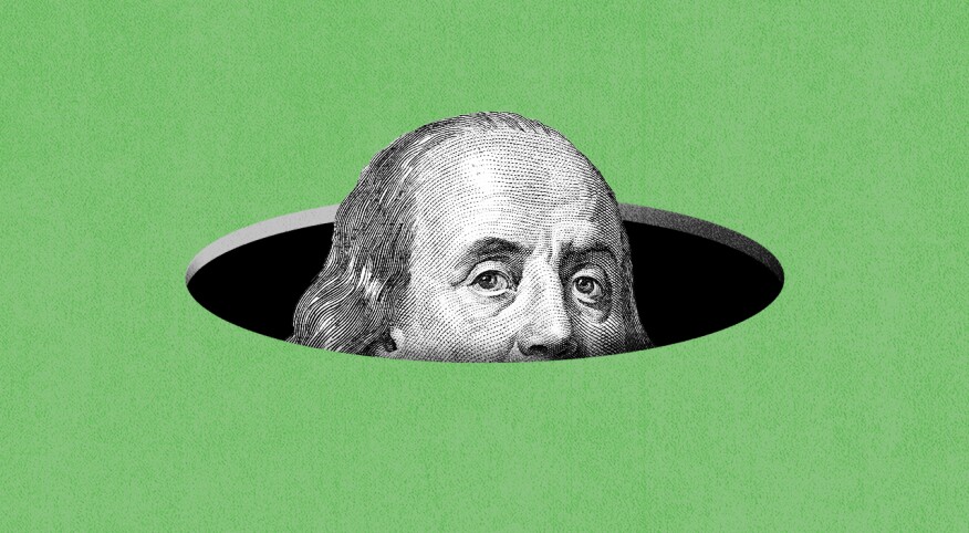 Illustration of Ben Franklin's head popping out of a hole