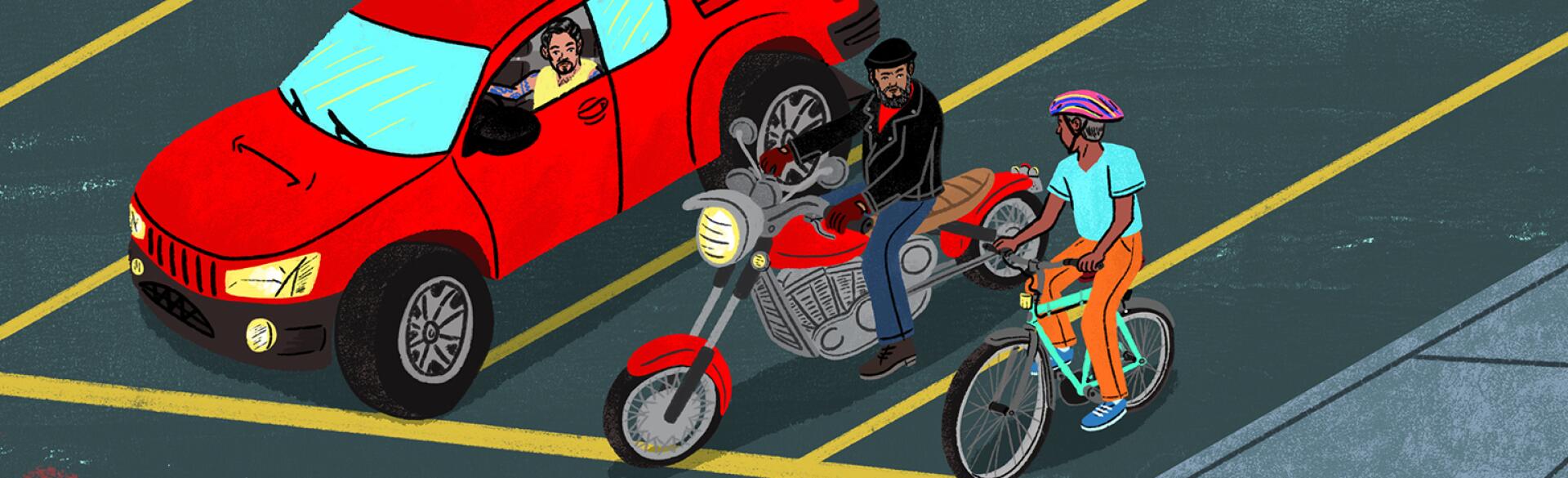 illustration of men in car and on a motorcycle and on a bike stopped at a red light