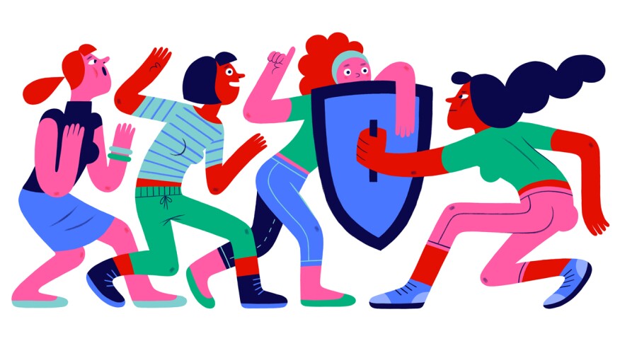 illustration of woman putting up shield between her friends