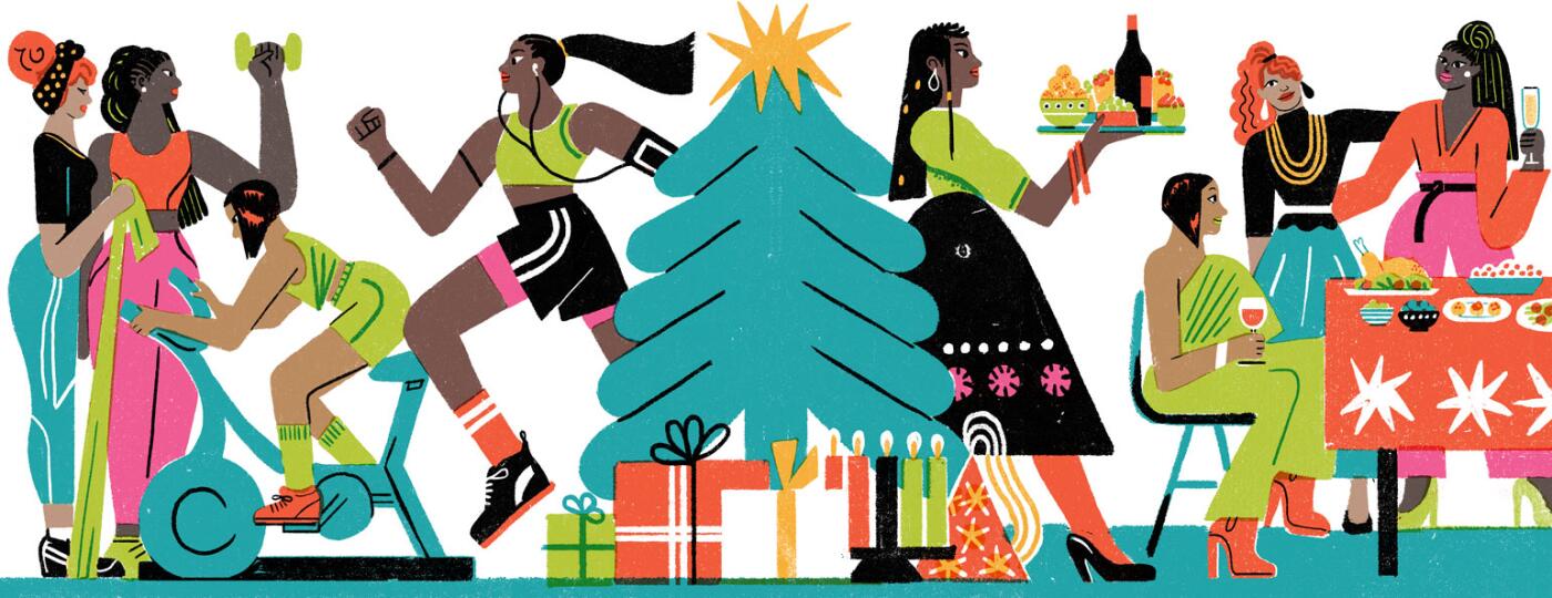 illustration of ladies exercising to avoid holiday weight gain by irene rinaldi