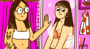 illustration of woman looking at a younger version of herself in the mirror