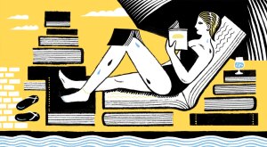 illustration of woman reading surrounded by books, summer reads
