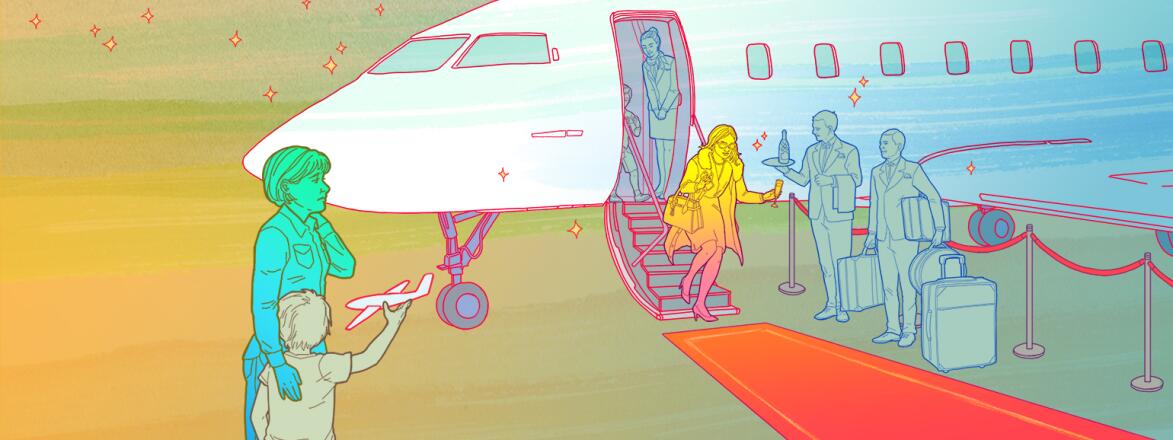 illustration of woman with her son watching her friend get off a private plane