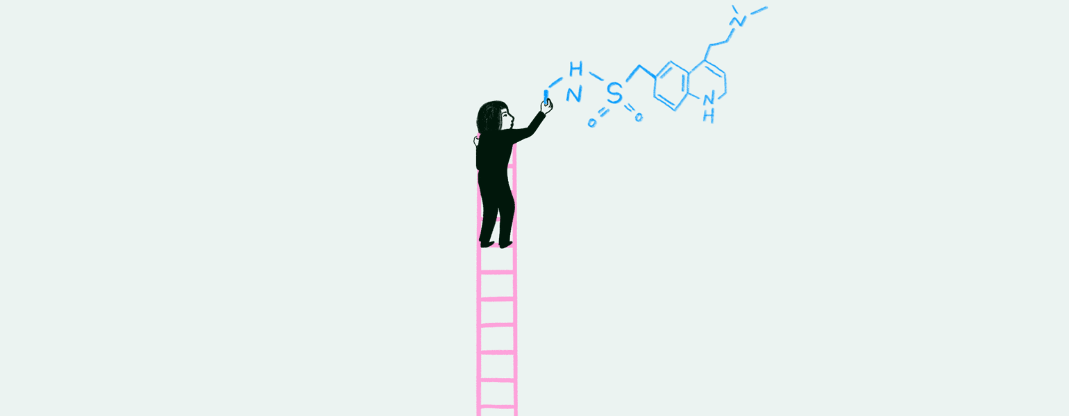 illustrated gif of woman on a ladder with science and math notes moving all around her to indicate migraine