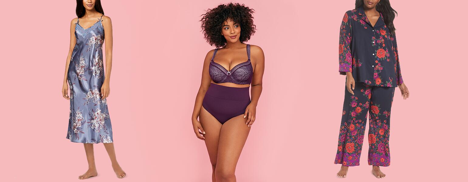 A photo of three women of various sizes wearing different types of lingerie.