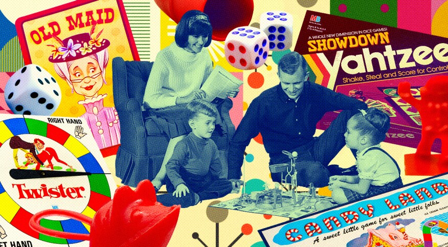 photo collage of different board games and family playing