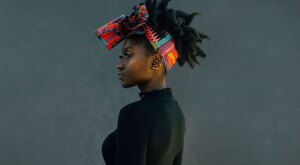 Woman wearing a colorful head wrap