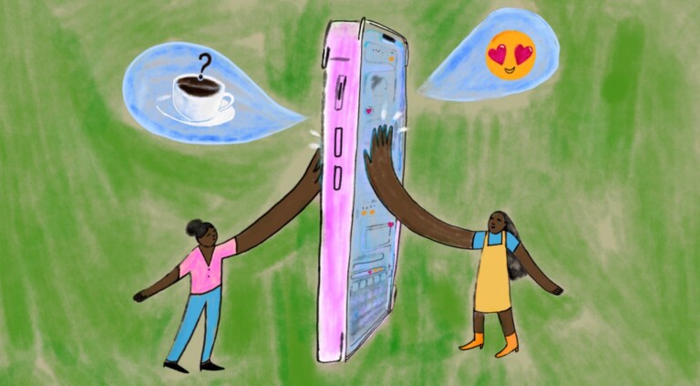 Friendship, app, touching phone, illustration, Danielle Rhoda