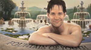 Painting of Paul Rudd smirking while he sits in a ficitonal fountain of youth