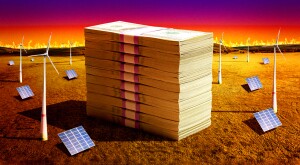 Photo illustration depicting a stack of money among windmills in a climate change inspired hot landscape