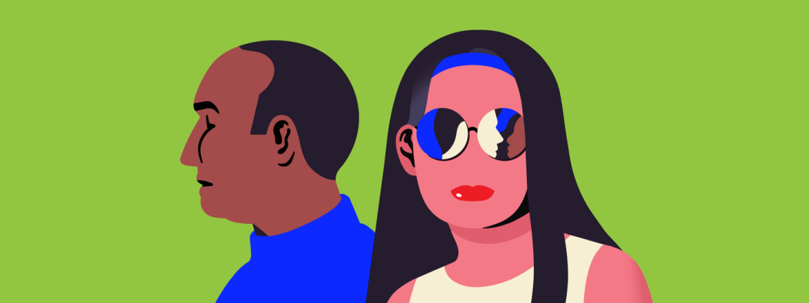 An illustration of a man and a woman. The man looks off to the side, while the woman stares head on, wearing sunglasses.